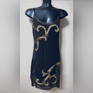 ANTHROPOLOGY YOANA BARASCHI LBD Black Gold Beaded Embellished Slip Mini Dress.